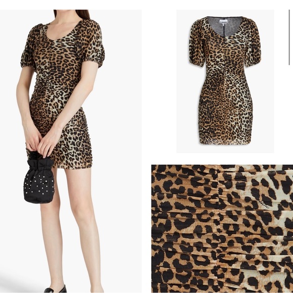 Ganni Dresses & Skirts - GANNI Ruched leopard print stretch mesh mini dress size 6